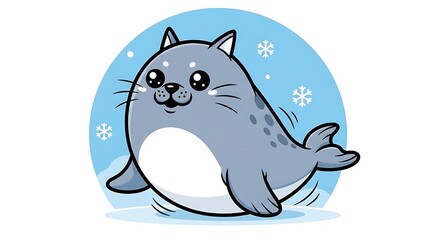 Obraz premium Adorable cartoon seal character playing in winter snow