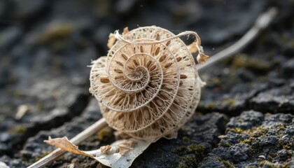 Dried Seed Pod With Intricate Spiral Pattern Resting On Dark Ground In Macro Detail