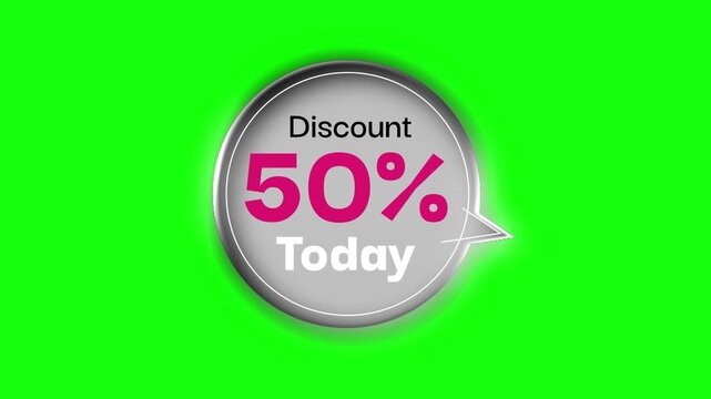 Liquid glass 50% discount today promotional label price tag displayed on  green screen background, ideal for marketing and sales.