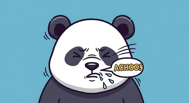 Cartoon panda sneezing loudly with Achoo speech bubble