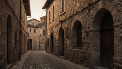 Obraz premium Narrow stone alleyway, arched doorways, old buildings, cobblestone street in soft, warm light