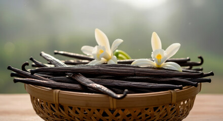 Fototapeta premium Natural and delicate basket of vanilla beans topped with fresh white vanilla orchids in soft light