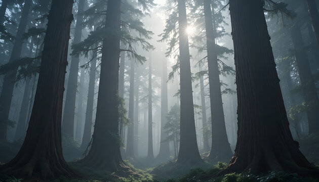 Majestic Redwood Trees Shrouded in Coastal Fog and Mist Landscape Image