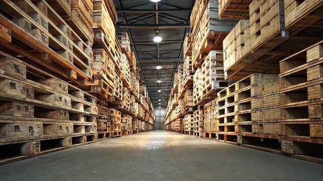 Wooden Pallet Storage Warehouse with Rows of Stacked Pallets