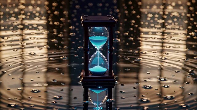 glowing blue hourglass sand flow reflection on water surface | beauty, meditation, transformation, future, peace theme