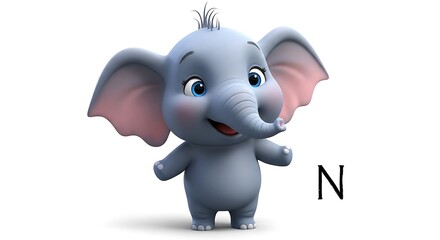 Cute cartoon baby elephant standing and smiling on white