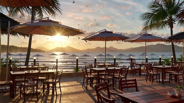 serene beachside restaurant sunset with palm trees and ocean view | travel, relaxation, dining, nature, vacation theme
