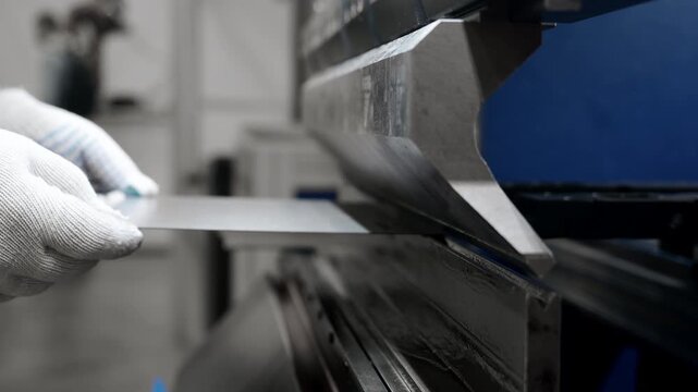 Press brake machine bending metal sheet during sheet metal fabrication process in industrial manufacturing workshop.