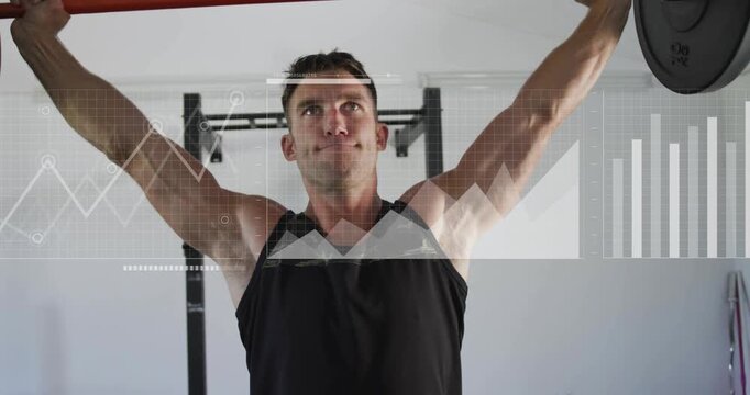 Fit man in gym bracing pressing barbell overhead hinging into rows with HUD charts tracking fitness