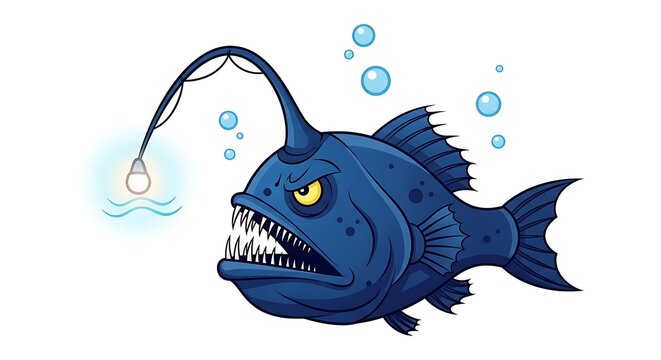 Cartoon anglerfish with glowing lure and sharp teeth