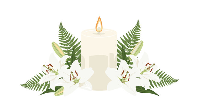 A pristine white pillar candle is elegantly framed by lush green ferns and delicate white lilies against a plain background.