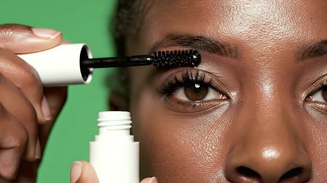 Close up of African American woman applying mascara on eyelashes with white mascara tube against a vibrant green screen