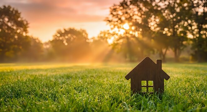 Small wooden house model on green grass field at golden sunset with trees and sunbeams creating dreamy real estate investment concept for mortgage planning.