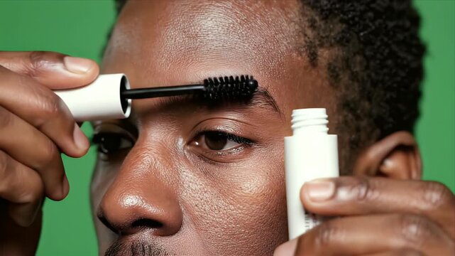 Close Up Of African Descendant Man Grooming Eyebrows With Mascara Brush On Green Screen Background