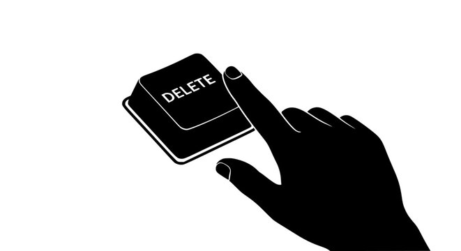 Hand presses the delete key on a computer keyboard, a clean black and white vector graphic illustration. This image visually represents digital data removal, error correction, file deletion, system .