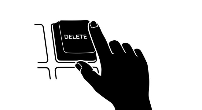 Silhouette of human index finger pressing the large black delete key on a computer keyboard in a high contrast black and white minimalist graphic illustration emphasizing removal or cancellation .