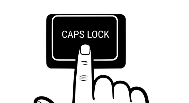 Finger pressing the Caps Lock keyboard button in bold black and white graphic style, signaling attention or importance for digital communication, typing input, or computer interface warnings.