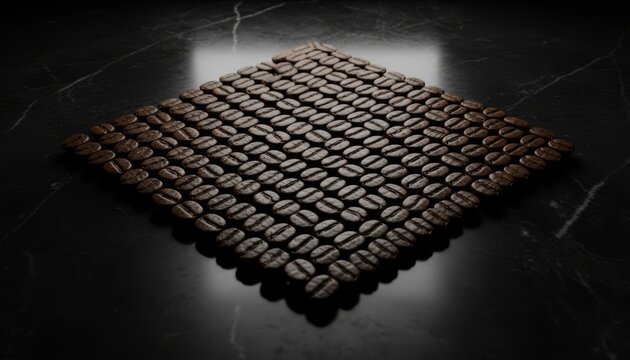 Roasted Coffee Beans Arranged in a Diamond Pattern on a Dark Marble Surface with Dramatic Lighting