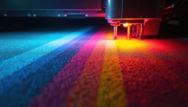 Close up of large format inkjet printer head spraying vivid colors onto textured surface. Machine applies liquid ink in lines, creating vibrant stripe pattern. Digital printing technology in action.