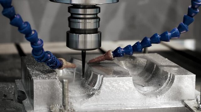 CNC milling machine cutting metal block with rotating tool and coolant fluid during precision machining process in industrial manufacturing workshop.