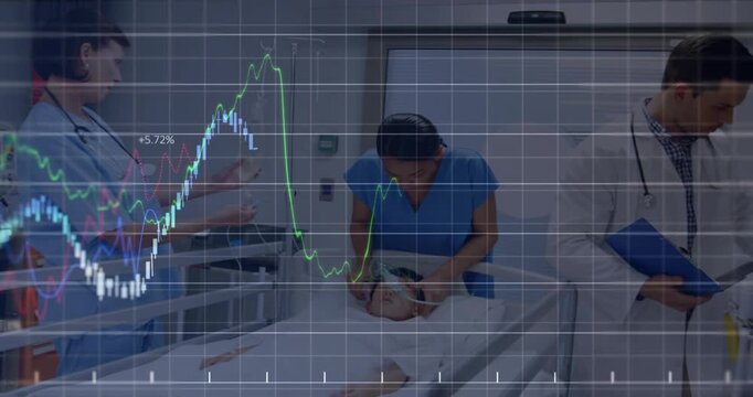 Medical team gathering around ward bed holding head and monitoring child with graph overlaying