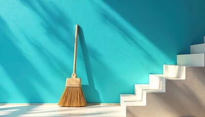 Broom leans against bright blue wall beside white staircase. Natural light casts shadows on floor and stpic. Cleanliness concept, interior design element.