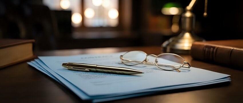 Elegant workspace with vintage fountain pen and reading glasses on blue document folder, warm ambient lighting creating professional office atmosphere.