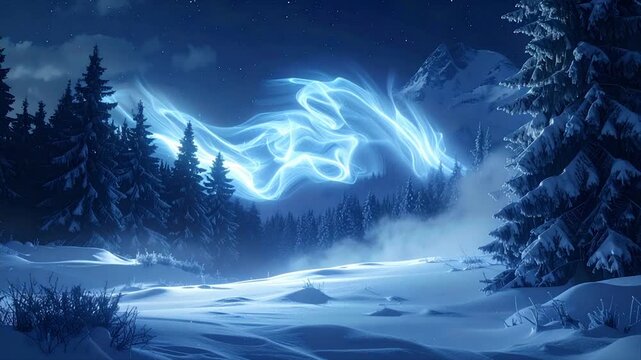 A luminous, ethereal entity soars over a snow-covered winter landscape