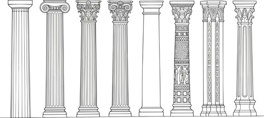 Naklejka premium Classical architectural column illustration set, ancient Greek Roman pillars orders capitals ornamental stone design vector engraving line art collection