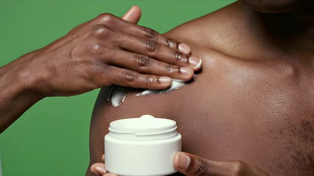 Close-up of Dark Skinned Hands Applying White Cream from Jar onto Shoulder in Studio Setting with Green Screen