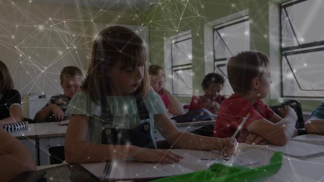 Girl glancing at sheet picking pencil, writing classwork as network overlay linking nodes to paper
