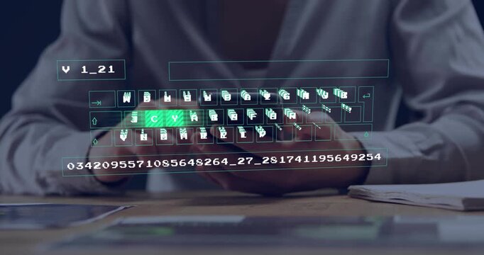 Business man tapping phone and verifying numeric code, AR keyboard lighting, progress V1_21 filling