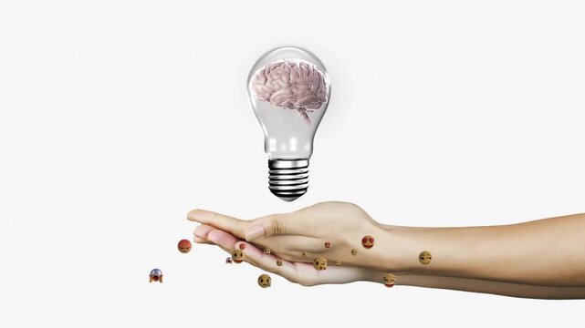 Right hand entering, cupping hovering bulb brain while emojis moving below, showing tech idea