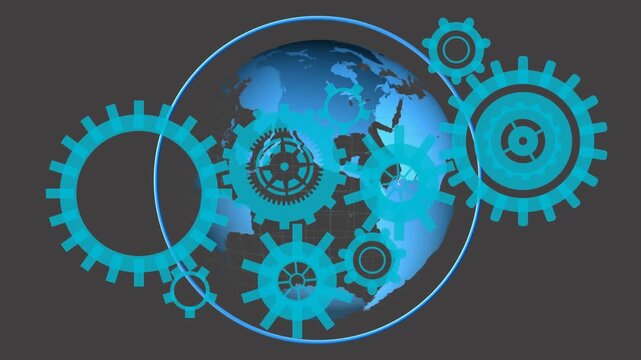 On start stylized globe rotating while cyan gears shifting and neon arc circling to loop