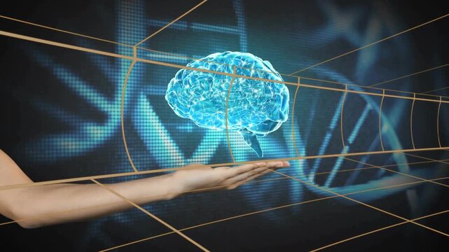 Forearm entering left sparking holo above palm brain growing turning centering showing neural data