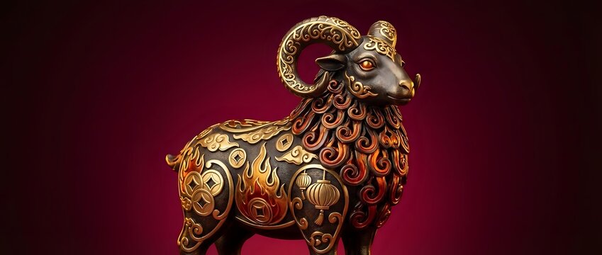 Golden ornate ram with intricate decorative patterns and curved horns on burgundy background for luxury design projects and festive celebrations.