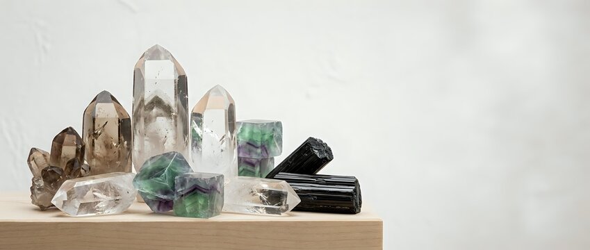 Collection of healing crystals and gemstones arranged on wooden surface including clear quartz points, fluorite, and tourmaline for meditation and wellness.