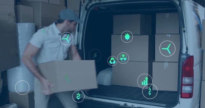 Delivery worker lifting boxes at van in warehouse bending into cargo and making icons tagging stock