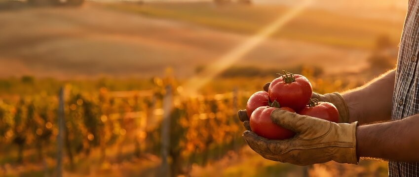 Farmer hands holding fresh ripe tomatoes at sunset in agricultural field. Organic vegetable harvest concept for healthy eating and sustainable farming.