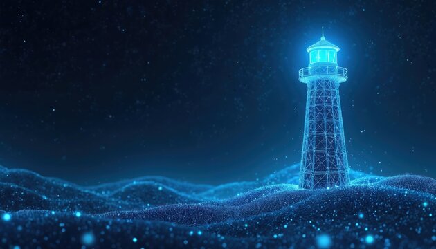 Digital lighthouse glows blue in starry night over sparkling ocean waves. Futuristic structure beams light across dark digital sea. Abstract tech navigation concept for future.