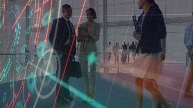 HUD sweeping initiating man and woman with tablet and case exchanging business data HUD fading