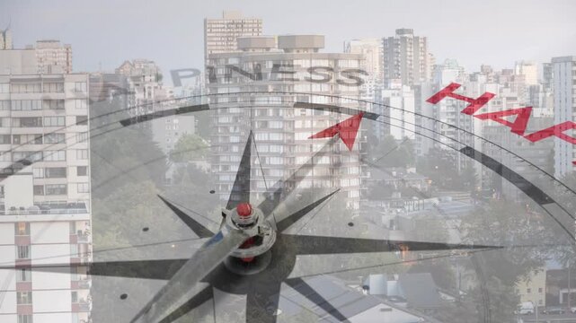 Compass face fading in over urban skyline, needle rotating clockwise toward HAPPINESS for health