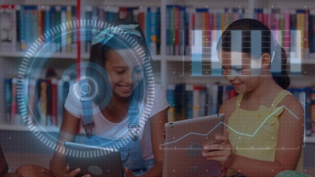 Blue HUD and chart appearing, two children tilting tablets, comparing screens for learning