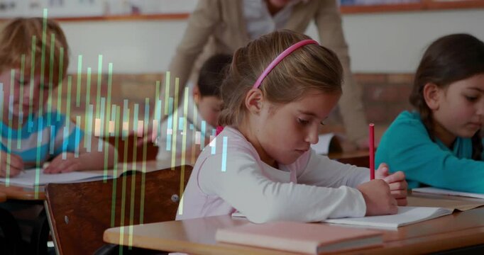 Girl pink headband writing classwork audio bars appearing overlaying notebooks teacher overseeing