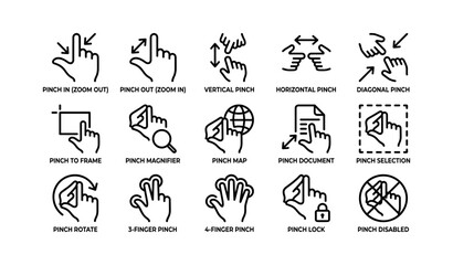 Fototapeta premium Pinch gesture icon set: zoom, rotate, lock, disable, frame, magnifier, map, document