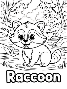 Cartoon Raccoon Forest Coloring Page - Fun Animal Illustration for Nature-Loving Kids and Creative Activities