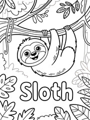 Fototapeta premium Cute Cartoon Sloth Hanging in Jungle: Fun Coloring Page for Children with Playful Wildlife and Nature Adventure