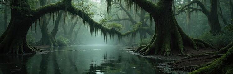 Naklejka premium Misty swamp forest with large ancient trees covered in moss hanging over calm dark water. Overgrown roots grip the wet muddy ground. Rich green vegetation thrives in humid air.