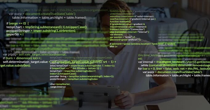 Man sitting in cafe, focusing on code, overlay growing, sipping cup, tapping tablet for software