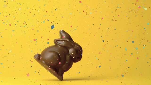 Chocolate rabbit entering top edge, rotating and tumbling on yellow with confetti for marketing